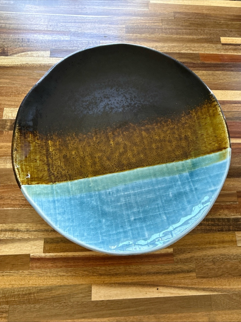Pier 1 Stoneware Cassidy Serving Plate Platter Rustic Aqua Brown 12.5” #23016